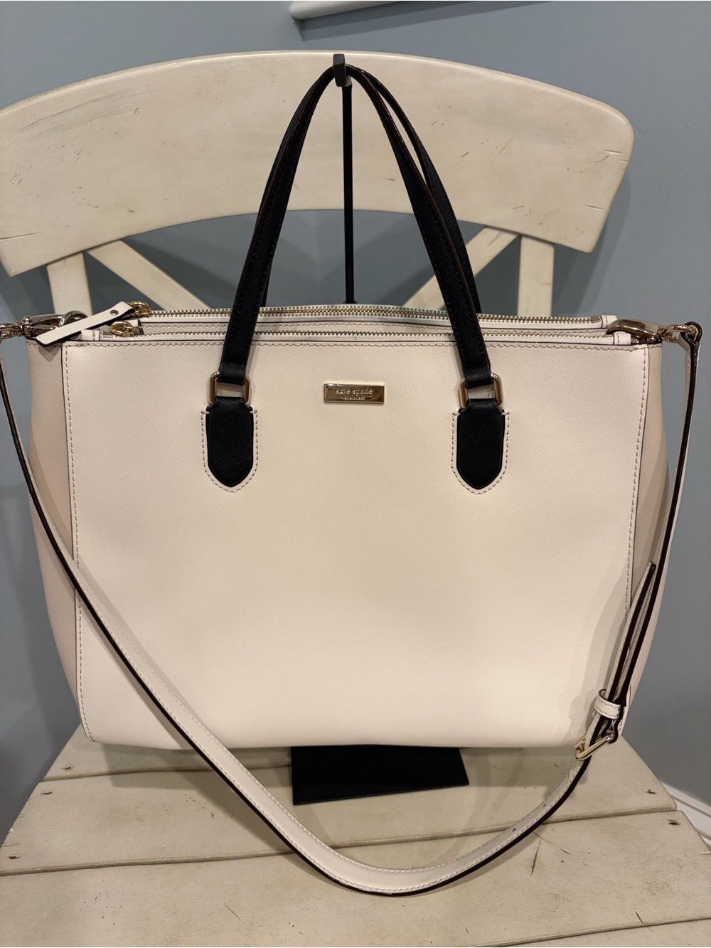 kate spade Cream and Black Leather Tote with Gold Hardware
